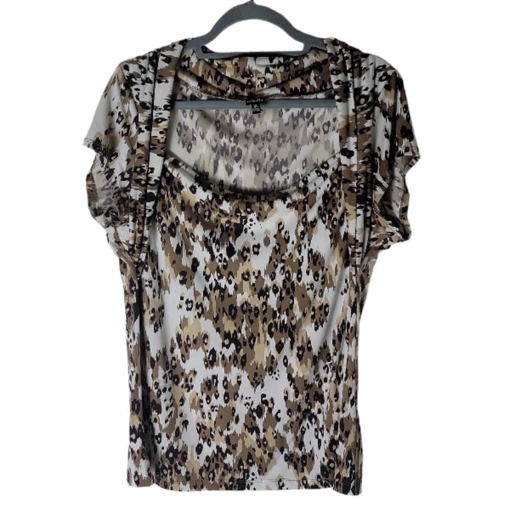 Rafaella top XL brown black animal abstract print draped neck short sleeve